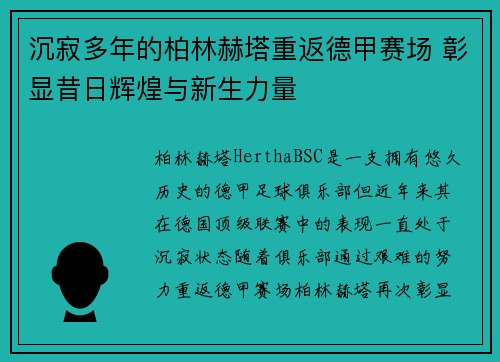 沉寂多年的柏林赫塔重返德甲赛场 彰显昔日辉煌与新生力量